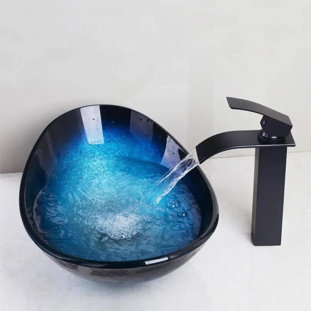 JIENI Tempered Glass Hand Painted Waterfall Spout Basin Black Tap Bathroom - S & R Enterprises