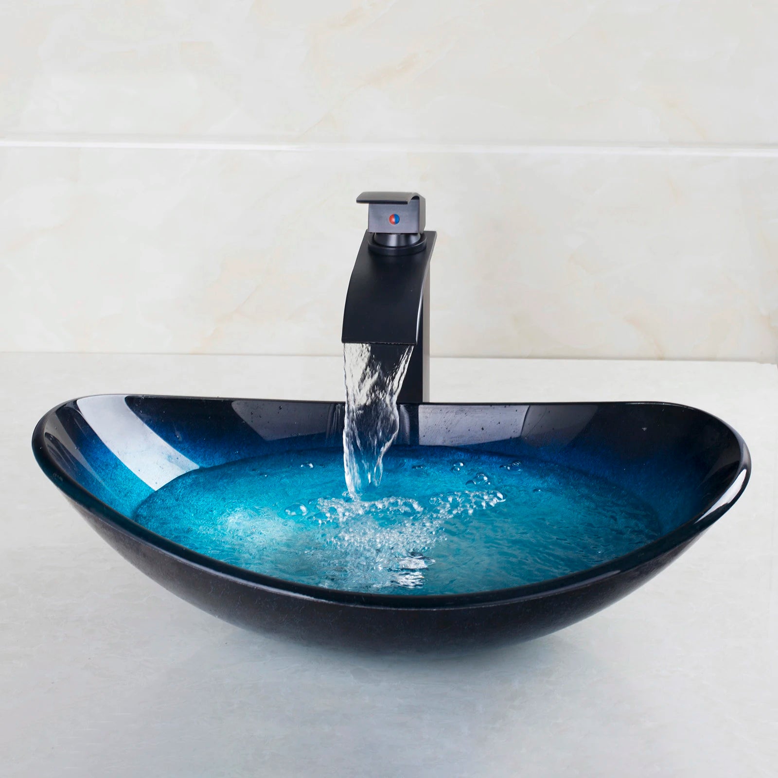 JIENI Tempered Glass Hand Painted Waterfall Spout Basin Black Tap Bathroom - S & R Enterprises