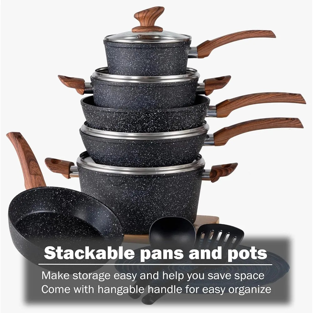 12 Piece Cooking Pan Set, Granite Black Nonstick Pots and Pans Set - S & R Enterprises