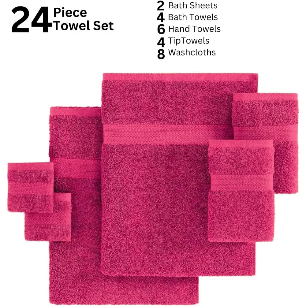 100%Cotton Bath Towel Sets 24 piece Travel Towel,8 Face Wash Clothes, 4 Fingertip Towels for Bathroom,6 Bath Hand Towels,Fuchsia