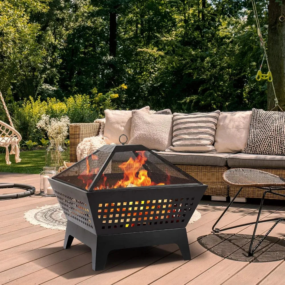 Fire Pit with Waterproof Cover Outdoor Wood Burning 24.4in Black,