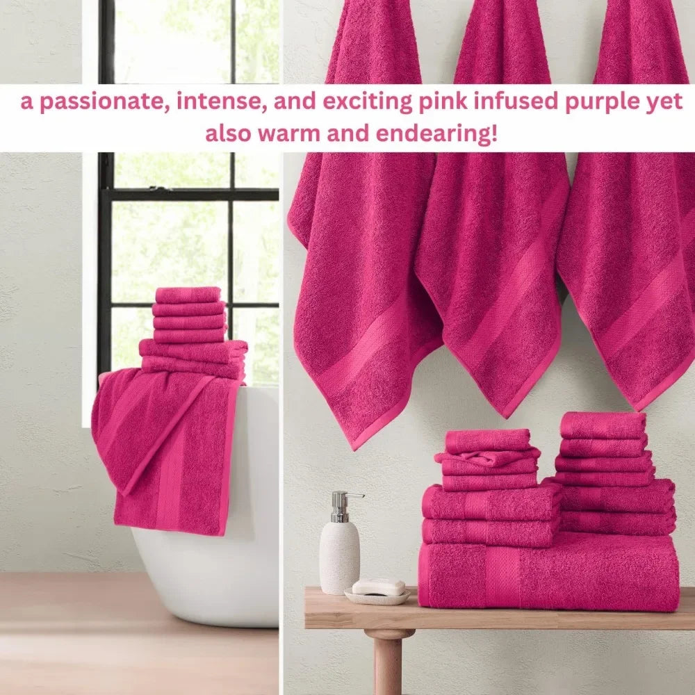 100%Cotton Bath Towel Sets 24 piece Travel Towel,8 Face Wash Clothes, 4 Fingertip Towels for Bathroom,6 Bath Hand Towels,Fuchsia