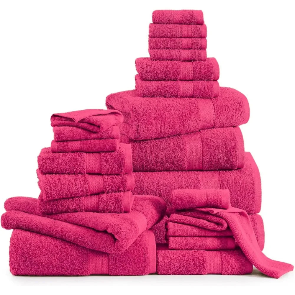 100%Cotton Bath Towel Sets 24 piece Travel Towel,8 Face Wash Clothes, 4 Fingertip Towels for Bathroom,6 Bath Hand Towels,Fuchsia