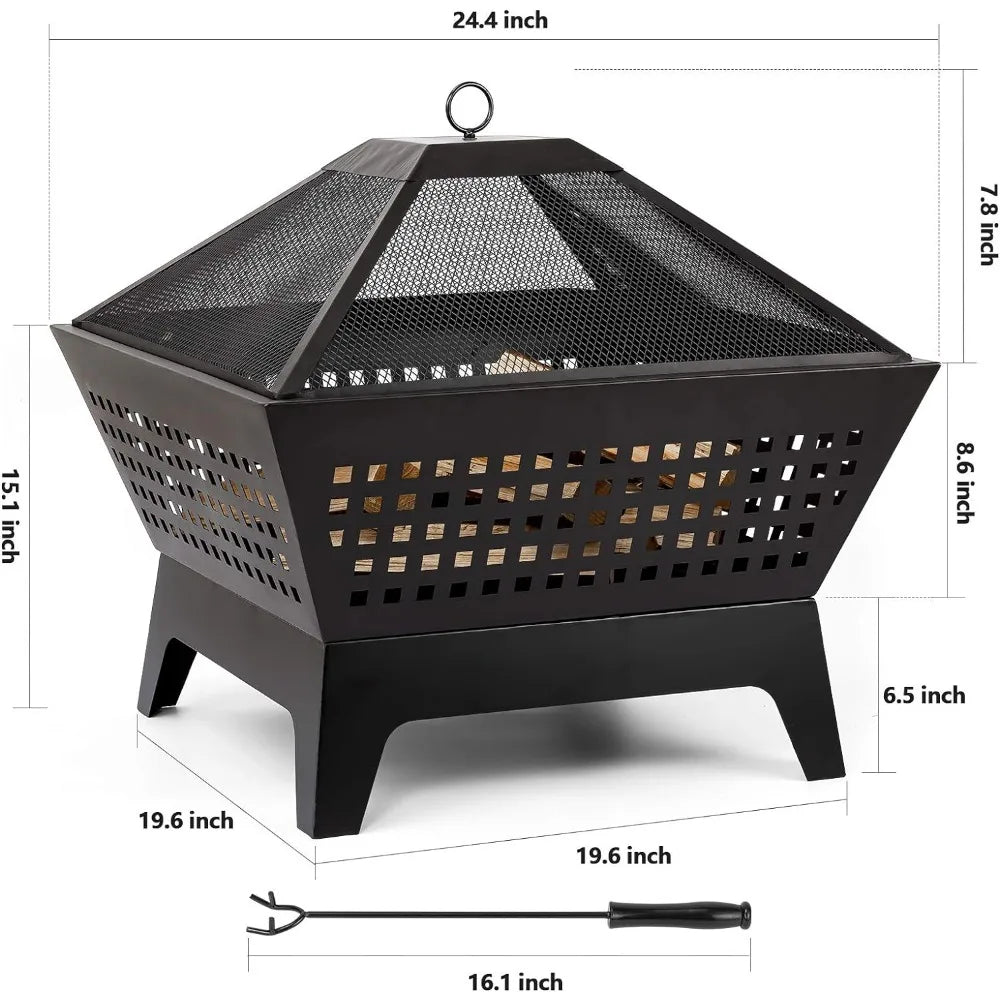 Fire Pit with Waterproof Cover Outdoor Wood Burning 24.4in Black,