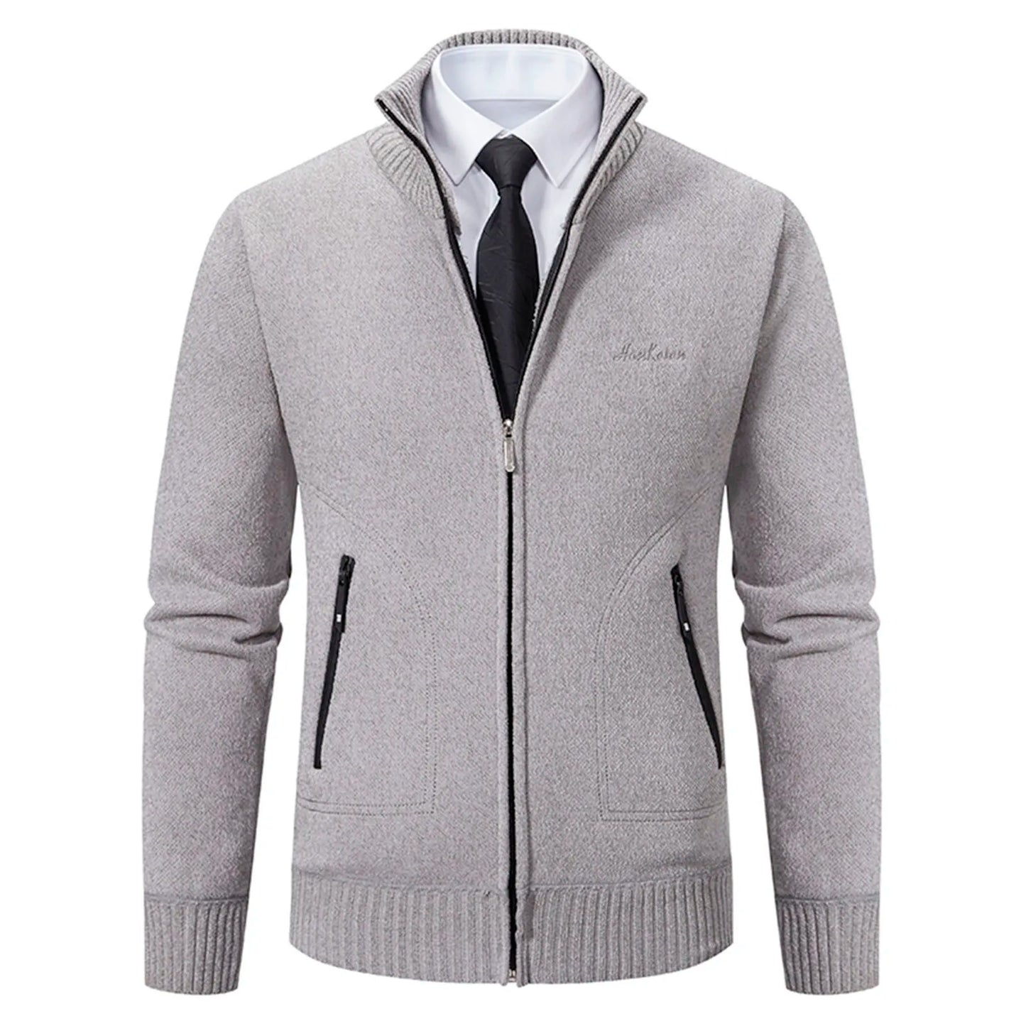 Cardigan Men Fleece Zipper Sweater Zip Up Knitted Stand Collar