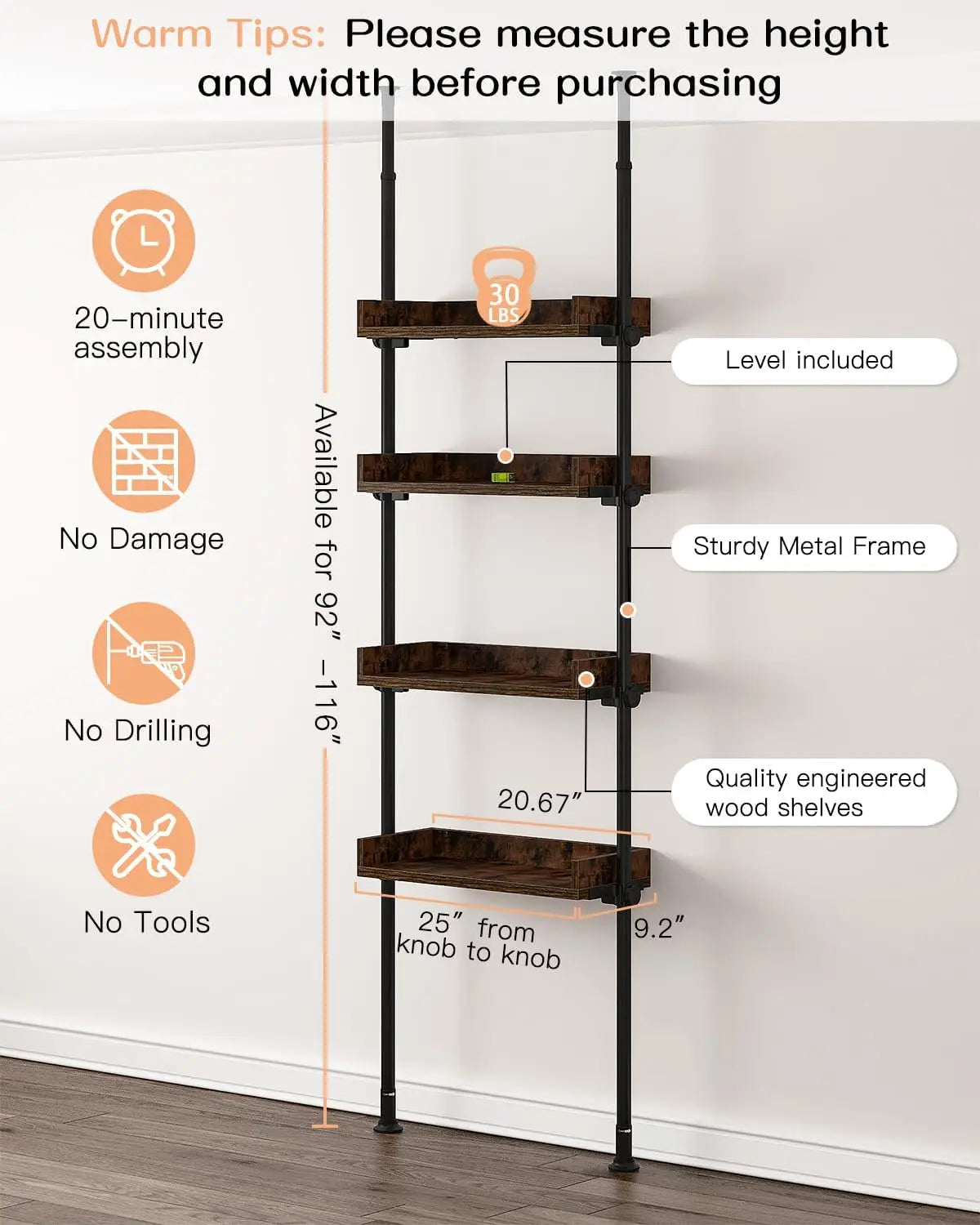 ALLZONE Bathroom Organizer Over The Toilet Storage 4-Tier Adjustable Wood Shelves