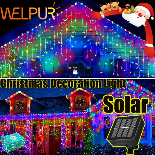 NEW 2024 Christmas Decorations Lights Solar Icicle Curtain Lights 8 Modes Outdoor Waterproof