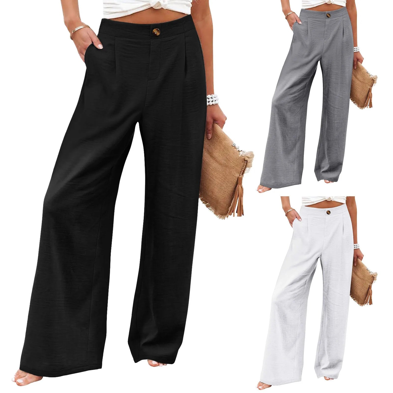 Women Solid Color Elastic Waist Trousers Button Pocket Loose Comfy Casual Pants - S & R Enterprises