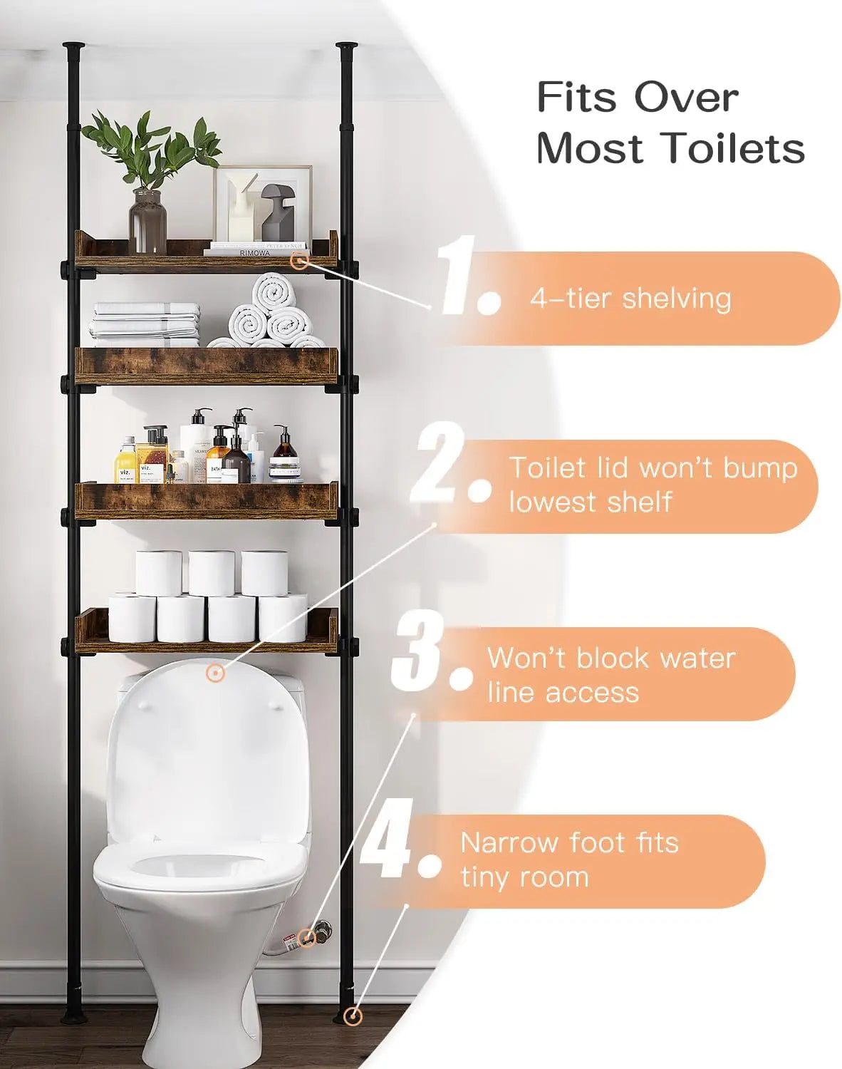 ALLZONE Bathroom Organizer Over The Toilet Storage 4-Tier Adjustable Wood Shelves