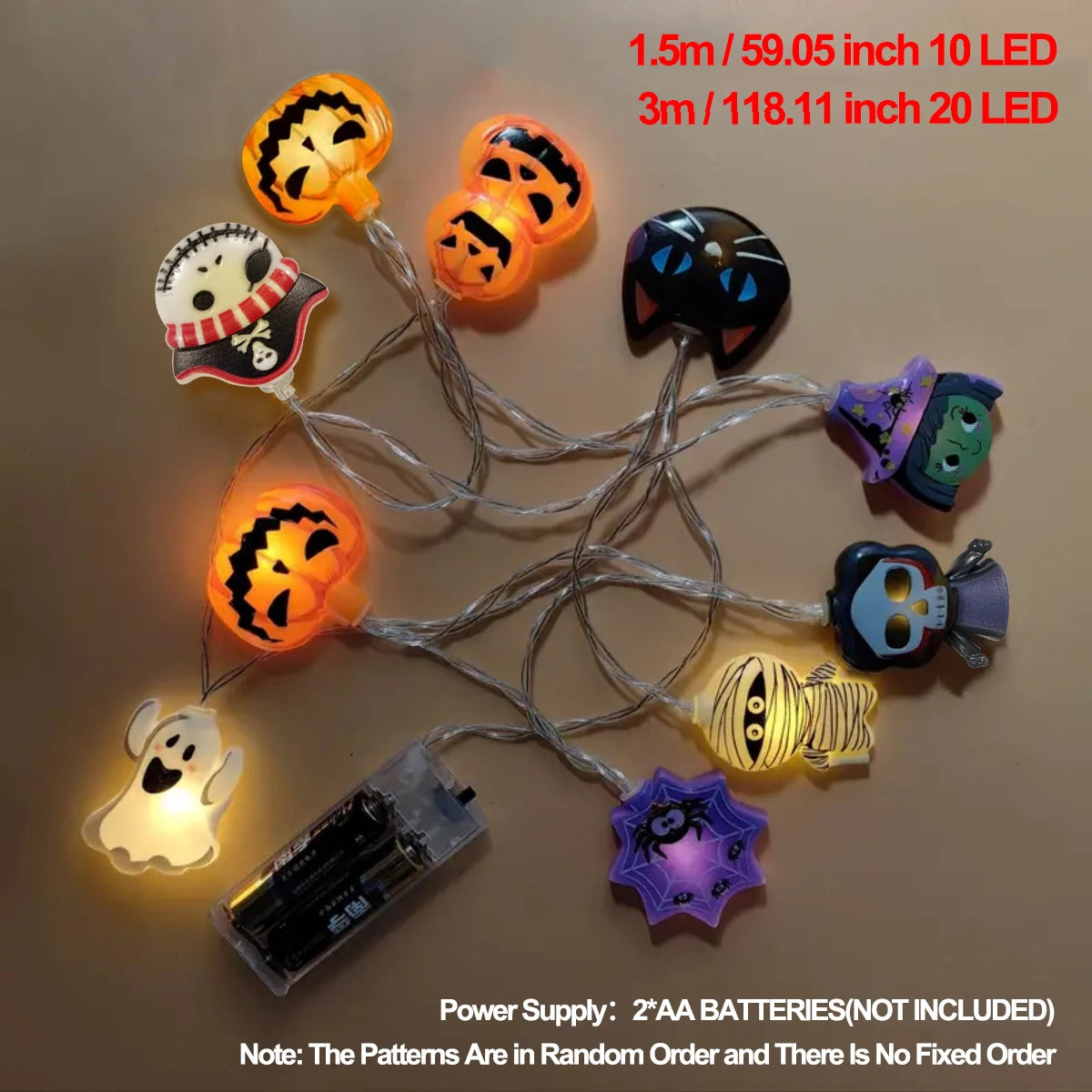 LED Battery Powered String Lights With Ghost Witch Cat Pumpkin Spider Web Skeleton Mummy