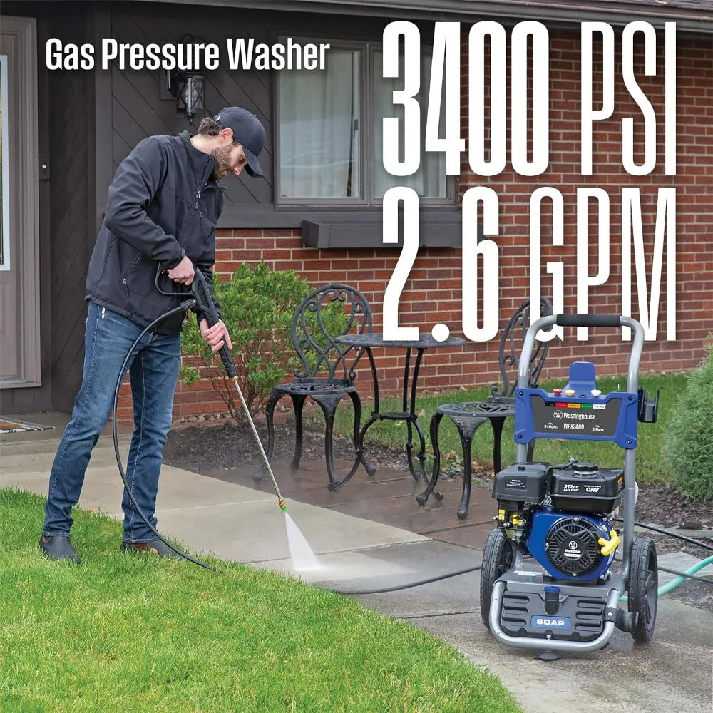 Gas Pressure Washer, 3400 PSI and 2.6 Max GPM, Onboard Soap Tank, Spray Gun 5 Nozzle Set