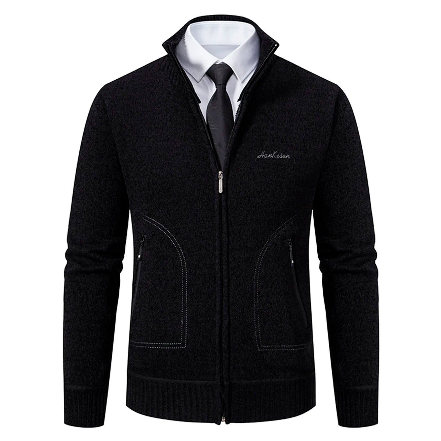 Cardigan Men Fleece Zipper Sweater Zip Up Knitted Stand Collar