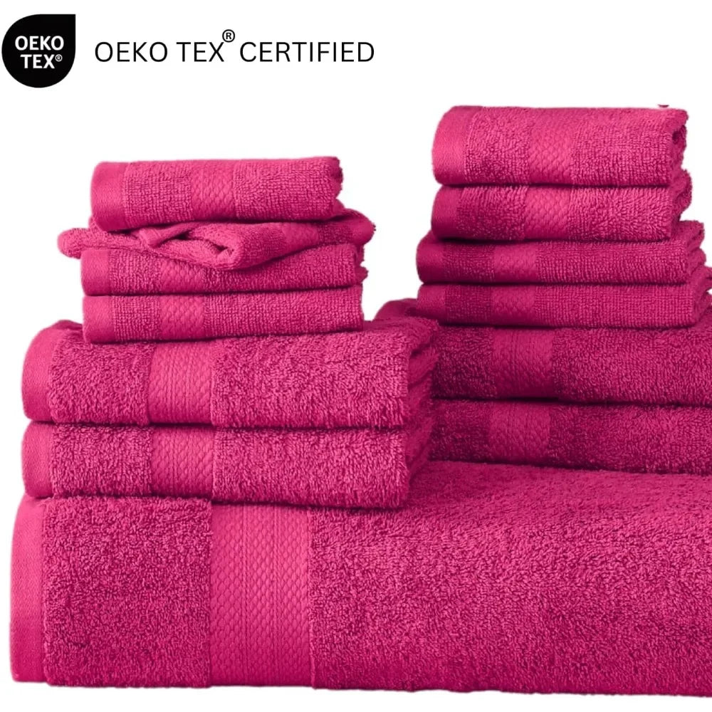 100%Cotton Bath Towel Sets 24 piece Travel Towel,8 Face Wash Clothes, 4 Fingertip Towels for Bathroom,6 Bath Hand Towels,Fuchsia