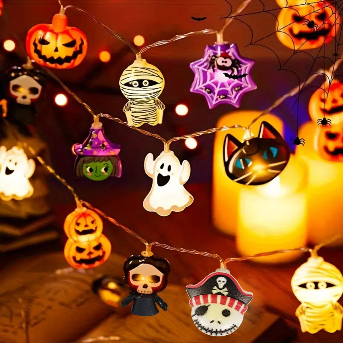 LED Battery Powered String Lights With Ghost Witch Cat Pumpkin Spider Web Skeleton Mummy