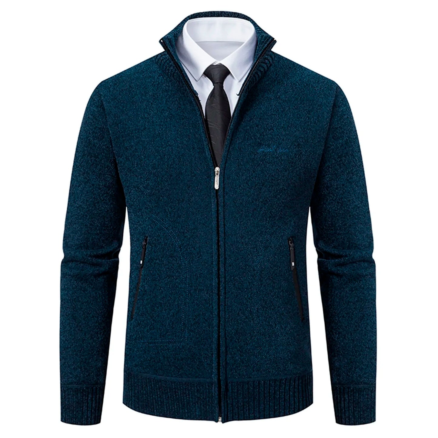 Cardigan Men Fleece Zipper Sweater Zip Up Knitted Stand Collar