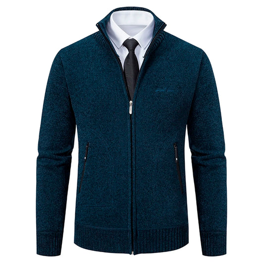 Cardigan Men Fleece Zipper Sweater Zip Up Knitted Stand Collar