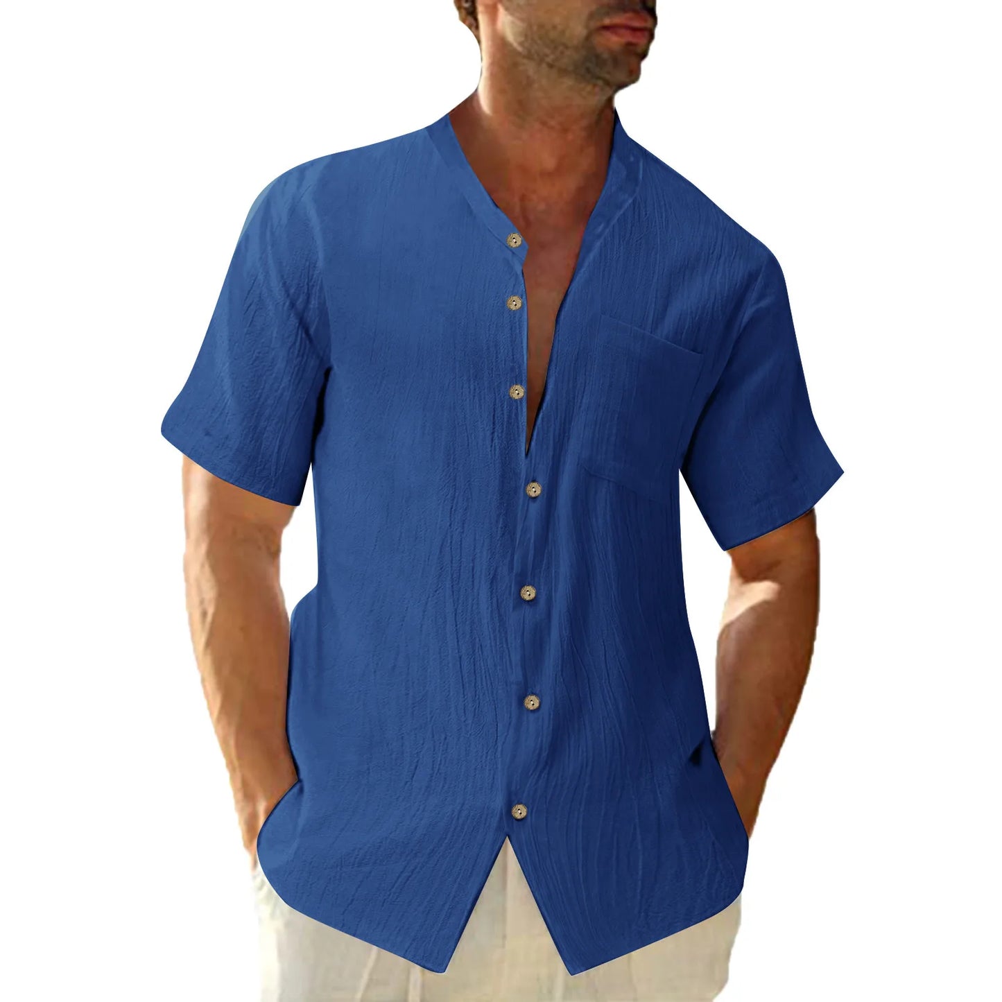 Solid Color Pocket Single Breasted Cotton Linen Shirt Short Sleeve