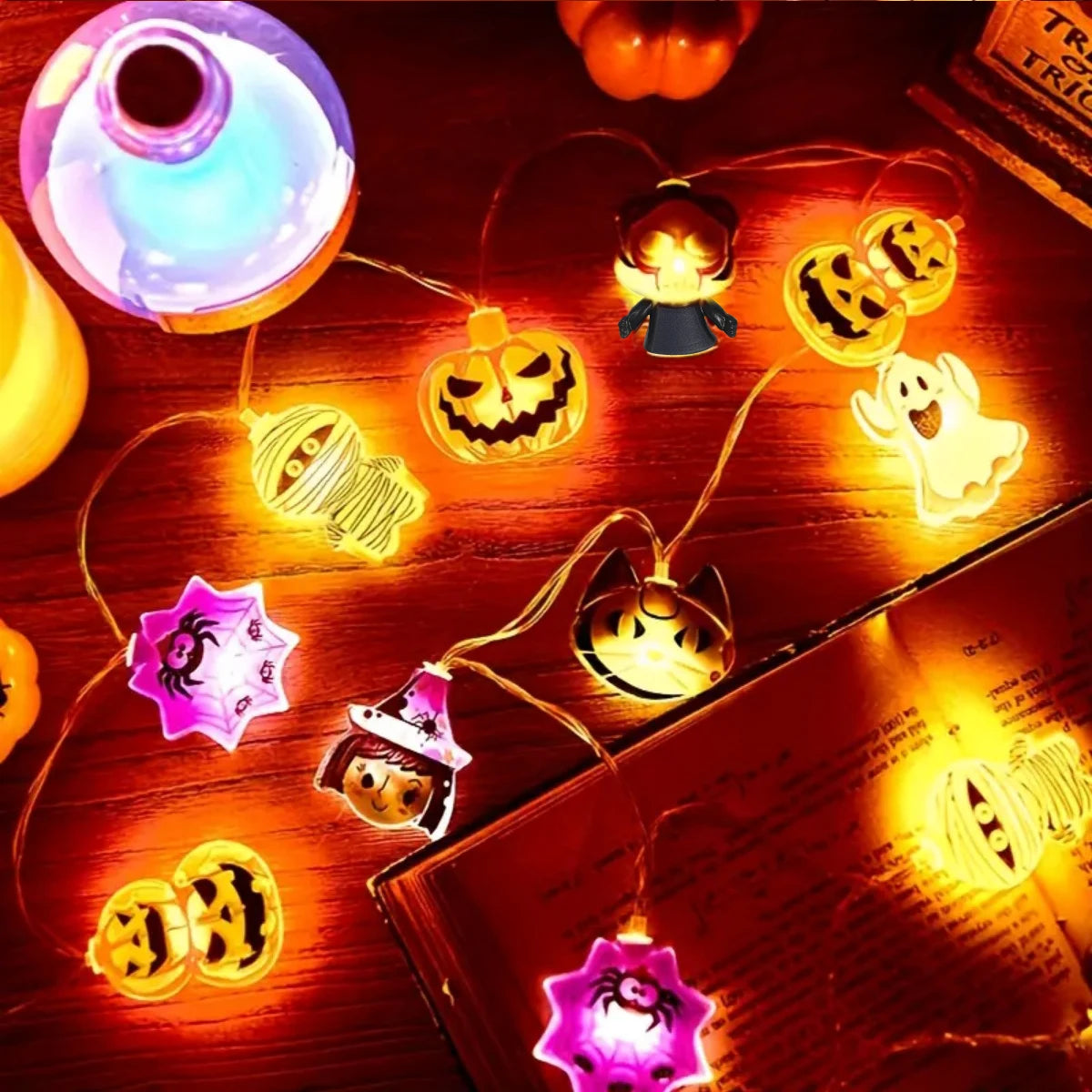 LED Battery Powered String Lights With Ghost Witch Cat Pumpkin Spider Web Skeleton Mummy