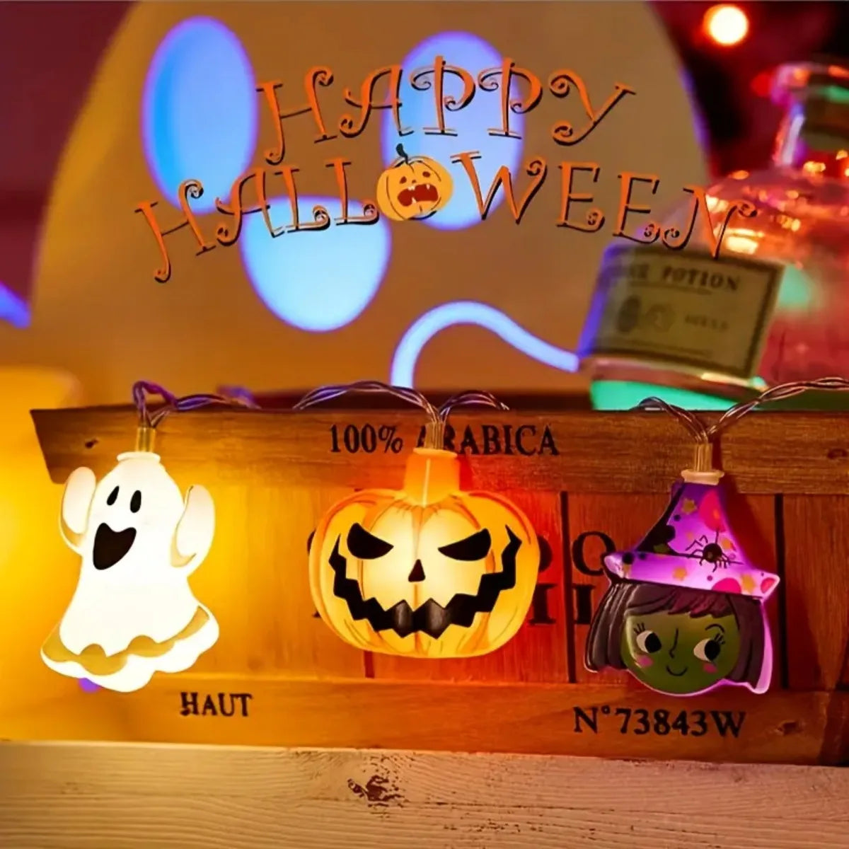 LED Battery Powered String Lights With Ghost Witch Cat Pumpkin Spider Web Skeleton Mummy