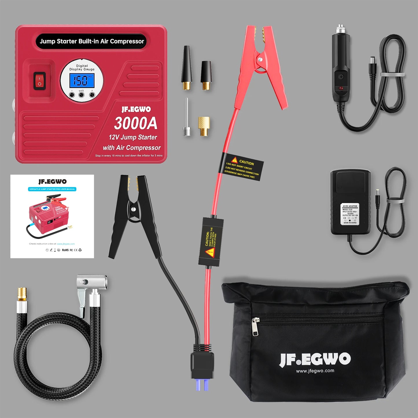 2000A 3000A Car Jump Starter Device Booster Air Compressor 24000mAh Power Bank